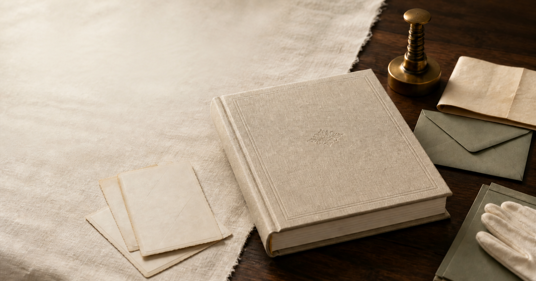 A linen-bound family Chronicle among archival photographs, a letter, and preservation materials on a walnut table